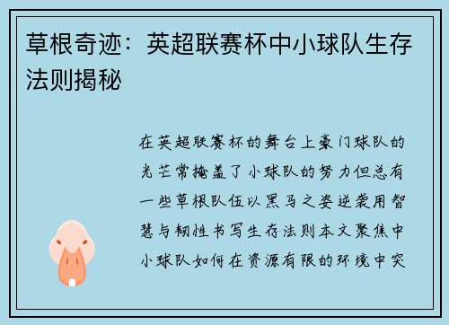草根奇迹：英超联赛杯中小球队生存法则揭秘